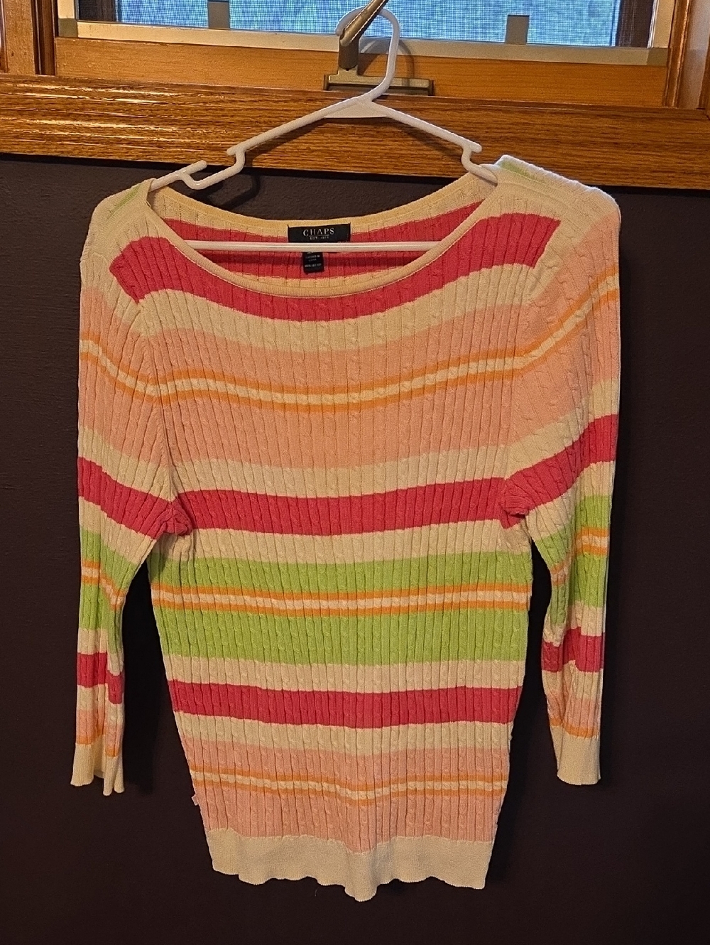 Chaps Striped Rib-Knit Crewneck Sweater in Pink, Green & Cream